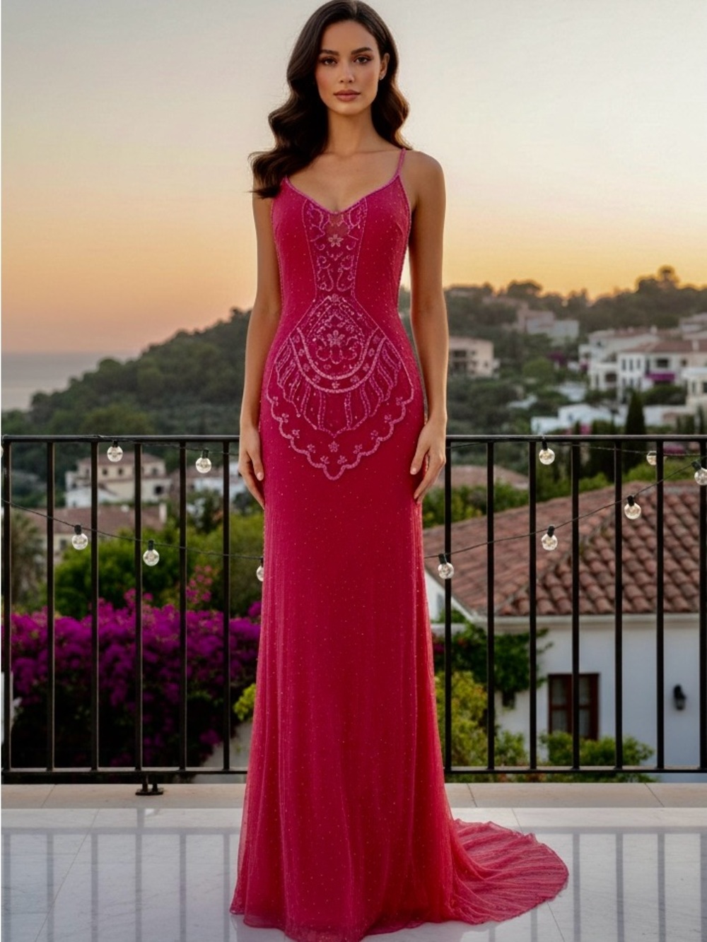 Elegant Fuchsia hand beaded Evening Gown on power mesh stretch fabric low back